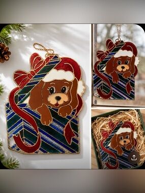 Vintage 80s Christmas Puppy Suncatcher Faux Stained Glass Giftco